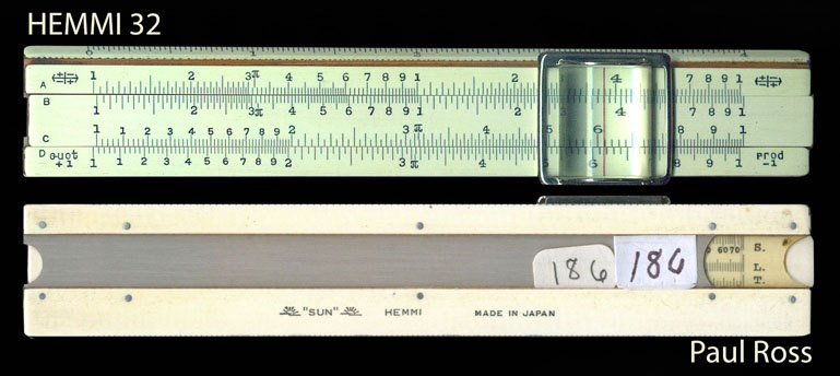 Figure 2 — A Hemmi 32 pocket slide rule, front and back, with a metal-framed magnifying cursor on the front and the back marked "SUN" HEMMI, MADE IN JAPAN, with a window at the right showing S, L, T.