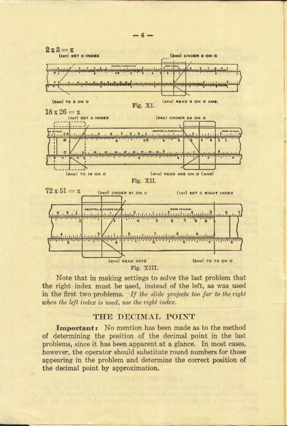 Figure 6 — A page of K&E's 1928 Elementary Instructions showing three multiplication examples drawn on the slide rule: 2 × 3, 18 × 26 and 72 × 51.