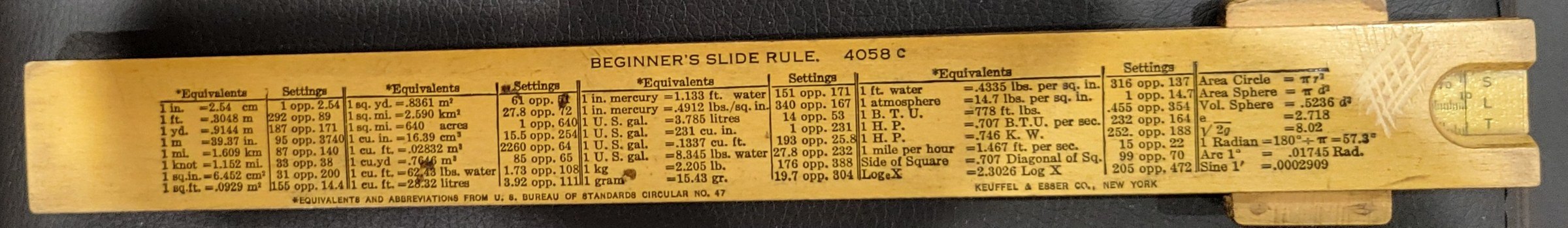 Figure 3 — The back of a K&E 4058C, printed with tables of Equivalents and Settings, the heading BEGINNER'S SLIDE RULE 4058 C, and a cut-out at the right end showing the S, L and T scales on the back of the s…
