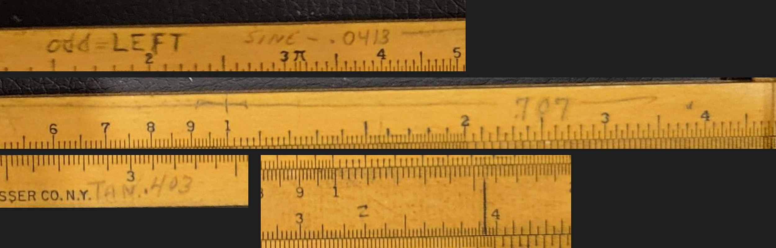 Figure 4 — Four close-up crops of the 4058C's face showing the pencil notes "odd = LEFT", "SINE - .0413", the bracket over the centre index of A, "707", "TAN. 403", and the pencilled 2 and stroke on the slide.