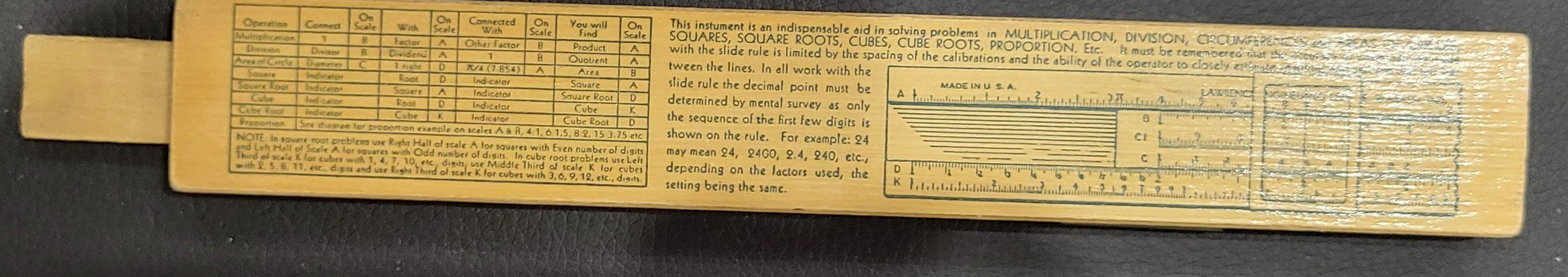 Figure 3 — The back of the Lawrence rule printed with a table of operations, an explanatory paragraph and a small diagram of the front of the rule.