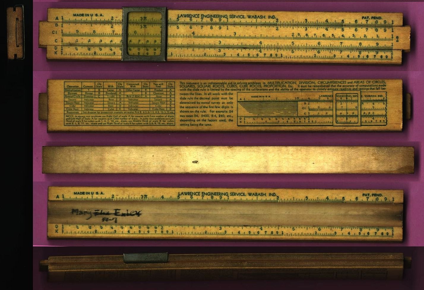 Figure 2 — Several views of a Lawrence 8-B slide rule from the ISRM: front with A, B, CI, C, D, K scales and "8-B" printed on the slide end, the back with its table of operations, the back of the slide, the f…