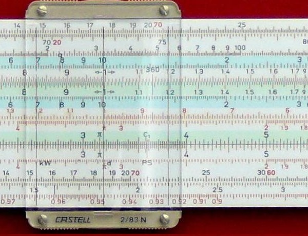 Figure 6 — Close-up of the 2/83N cursor showing the main hairline, short marks for circle area, the kW and PS marks, and the "CASTELL 2/83 N" bar.