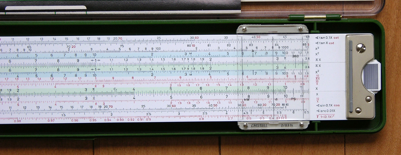 Figure 3 — The right end of the 2/83N front, with the formula column — tan 0.1x cot, tan x cot, x³, x², πx, 1/πx, 1/x, x, sin 0.1x cos, arc 0.01x, √(1−(0.1x)²) — and the cursor.