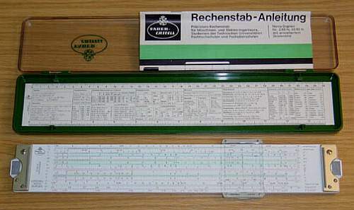 Figure 3 — A Faber-Castell 2/83N in its plastic case with the "Rechenstab-Anleitung" booklet and the constants card.