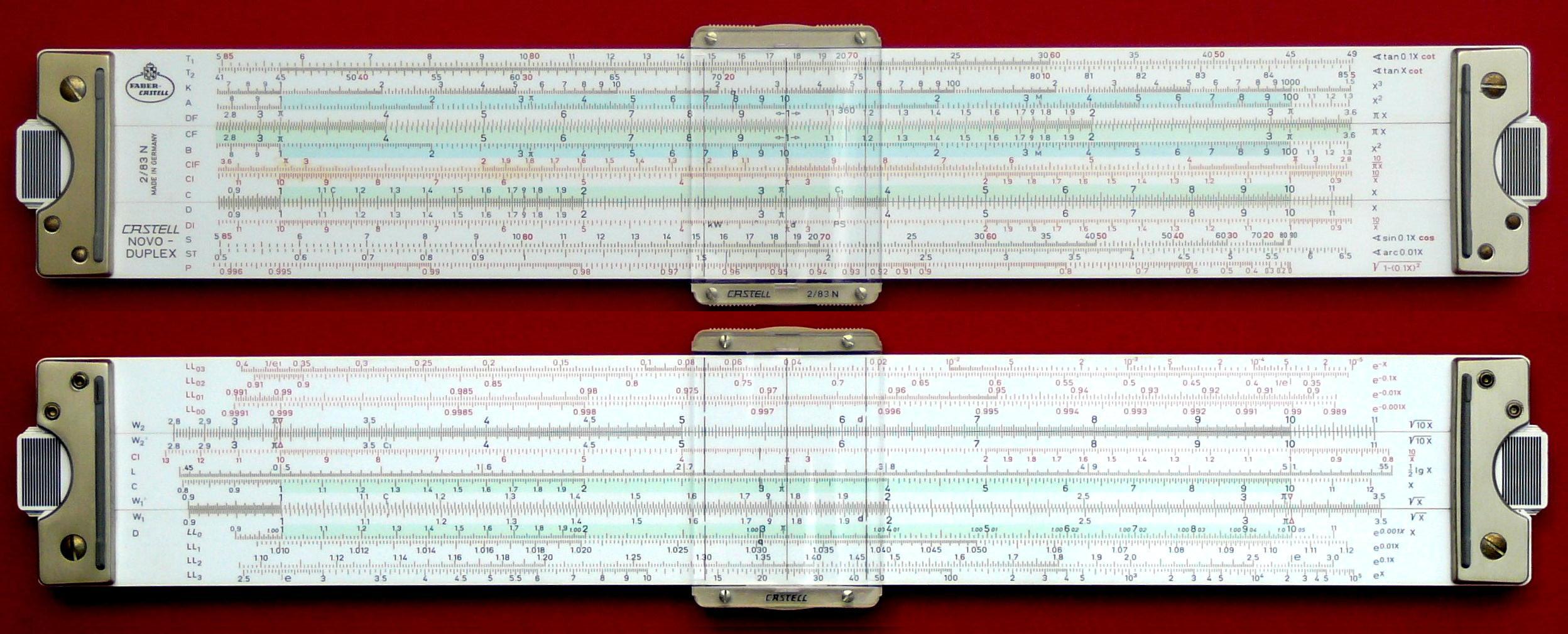 Figure 1 — Front and back faces of a Faber-Castell 2/83N Novo-Duplex photographed on a red background.
