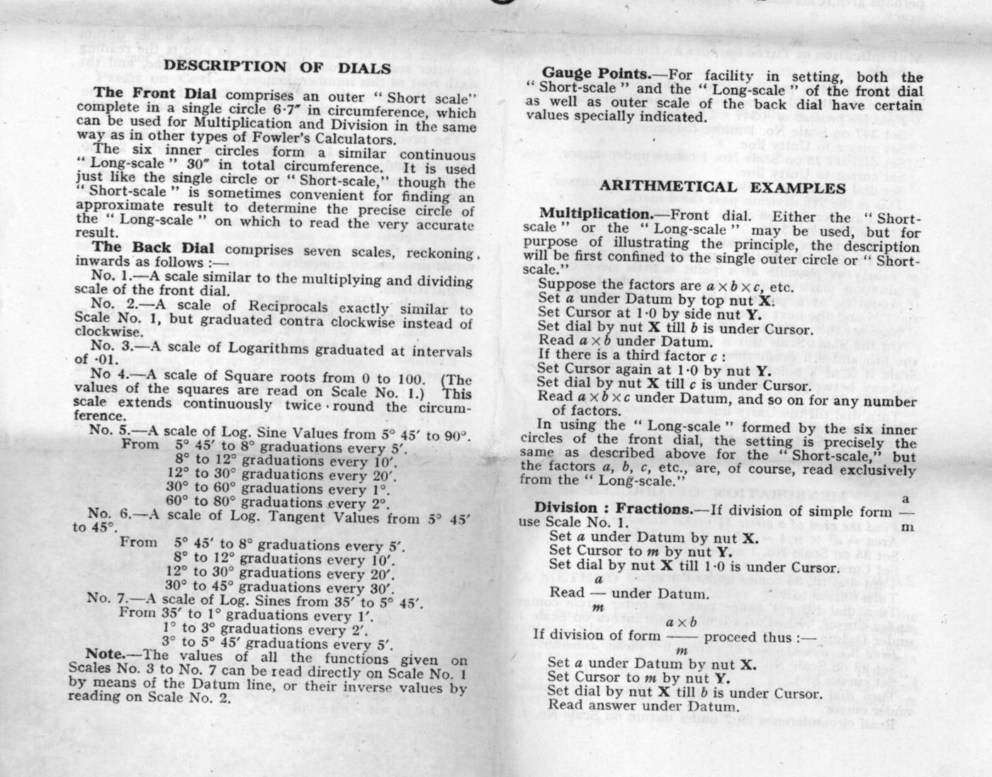 Figure 2 — Two pages of Fowler's 1956 instruction leaflet: "Description of Dials," listing the front and back scales, and "Arithmetical Examples," giving the Set a under Datum, Set Cursor at 1·0 method.