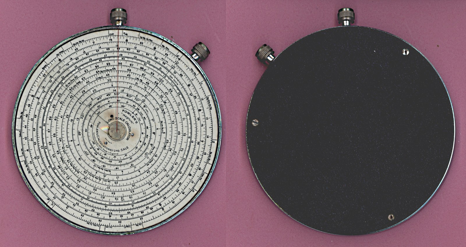 Figure 4 — A Fowler's "Magnum" Long Scale Calculator, front and back: a large dial with many concentric scales and the plain back plate.