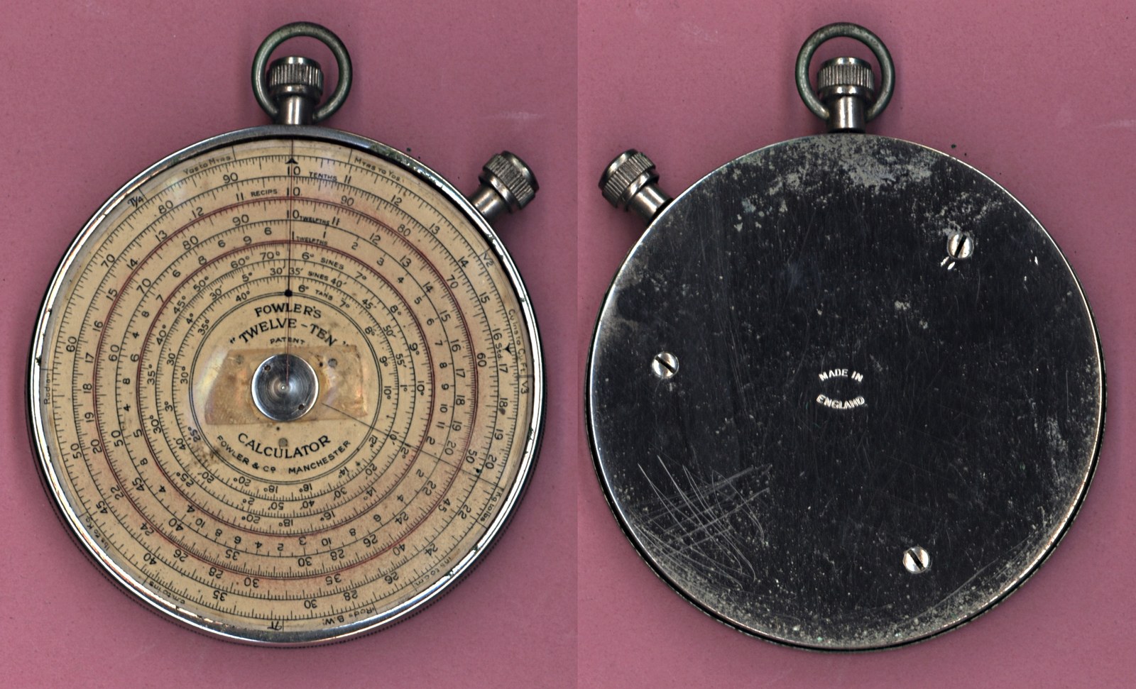 Figure 4 — The front and back of a Fowler's "Twelve-Ten" calculator: a cream dial with Tenths, Recips, and two Twelfths scales, with sine and tangent scales inside; the back is a plain blackened metal plate.