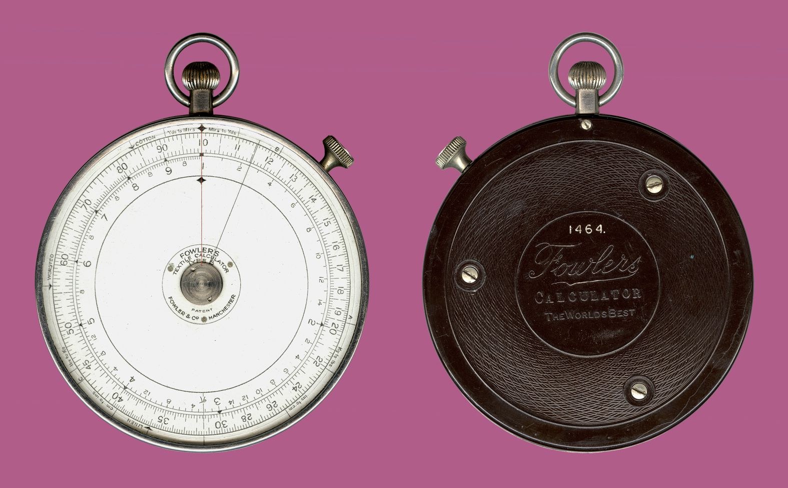 Figure 3 — A Fowler's Textile Calculator Type B: a white single dial with a red datum line, and beside it the brown moulded Bakelite back lettered "Fowler's Calculator, The World's Best" with the serial numbe…