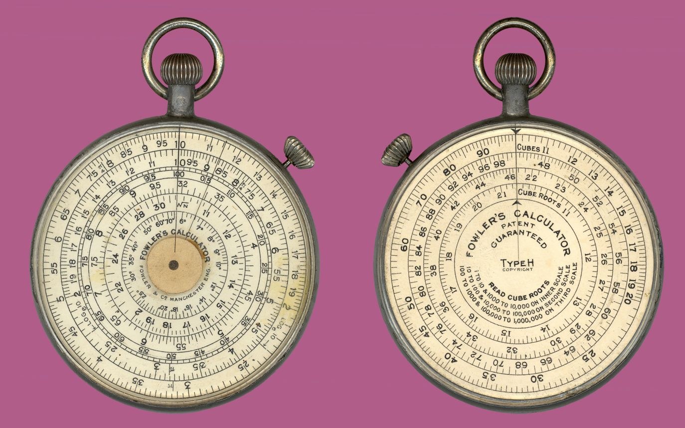 Figure 2 — Two faces of a Fowler's Calculator Type H: the front dial with short scale, reciprocals, logarithms, square roots and sines; the back dial lettered "Type H" with cubes and cube roots.