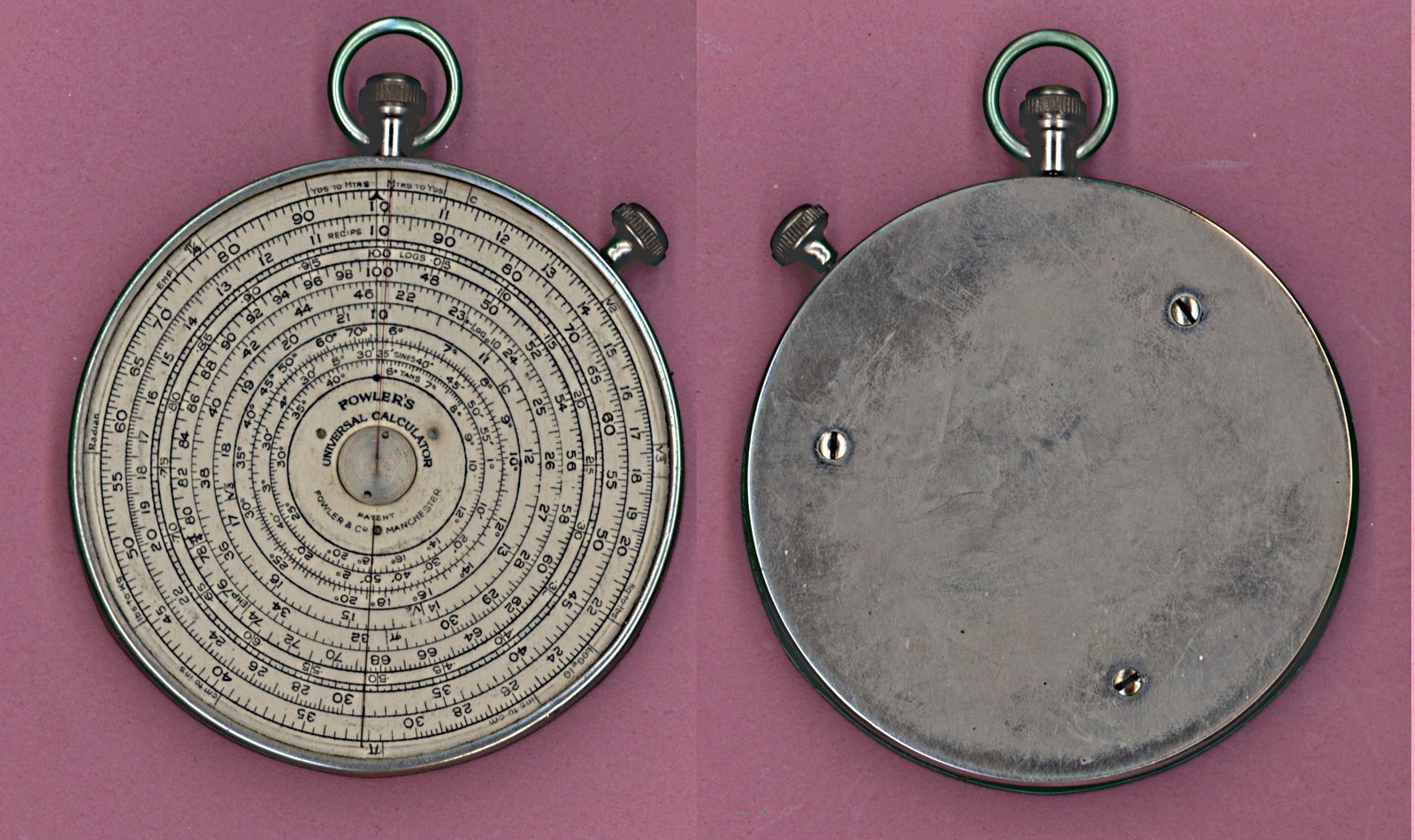 Figure 3 — The front and back of a Fowler's Universal Calculator: a large single dial with concentric scales and a red datum line, and a plain metal back with three screws.