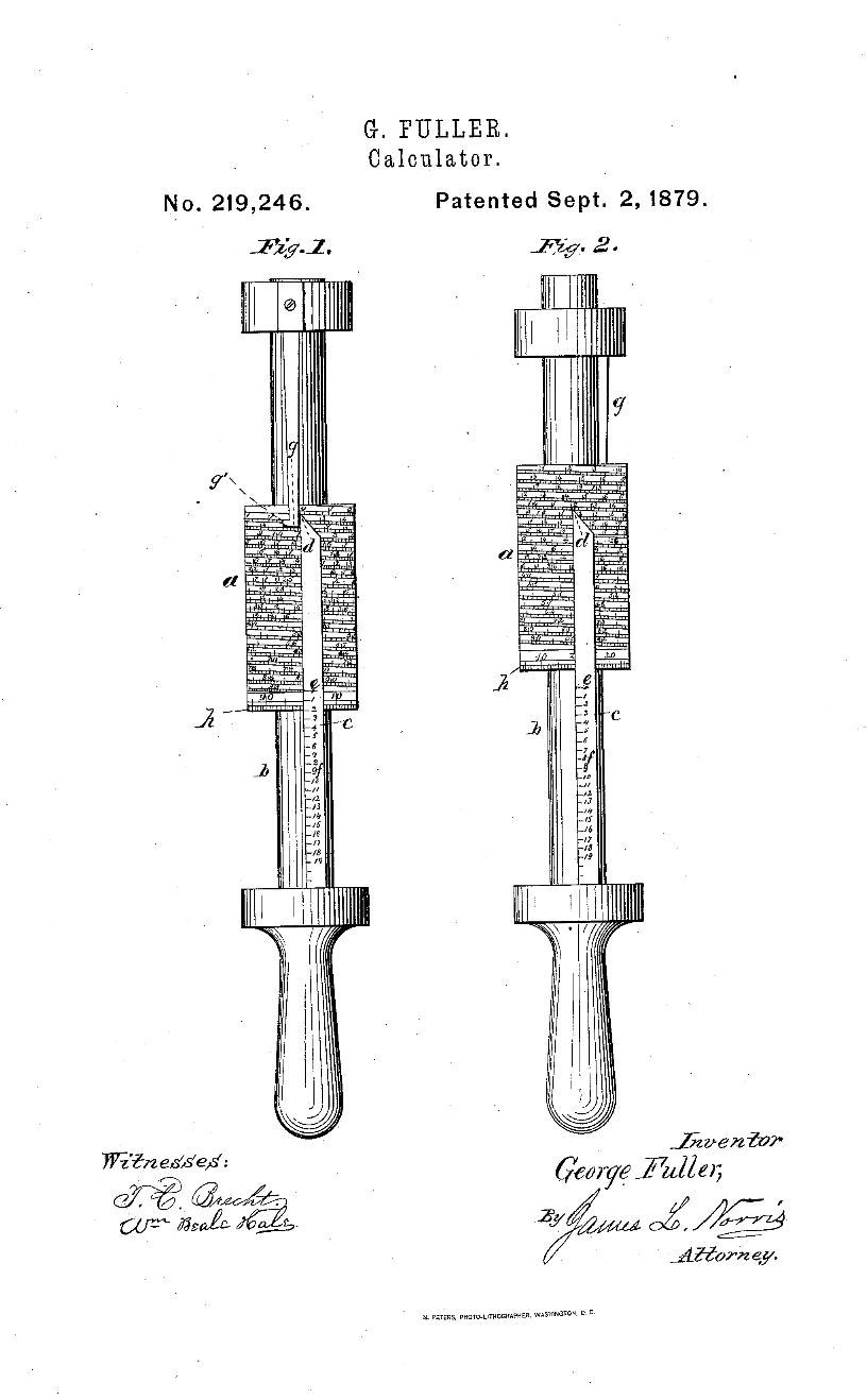 Figure 2 — The 1879 United States patent drawing for George Fuller's calculator, showing two views of the cylinder with its helical scale, the long index bar and the handle.
