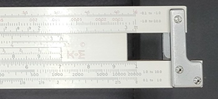 Figure 4 — The right end of my 4081-3, log-log face: LL02 and LL03 end at 1/e with the legends "−0.1 to −1.0" and "−1.0 to −10.0"; LL3 ends at 20000 and e with "1.0 to 10.0", and LL2 with "0.1 to 1.0". The re…