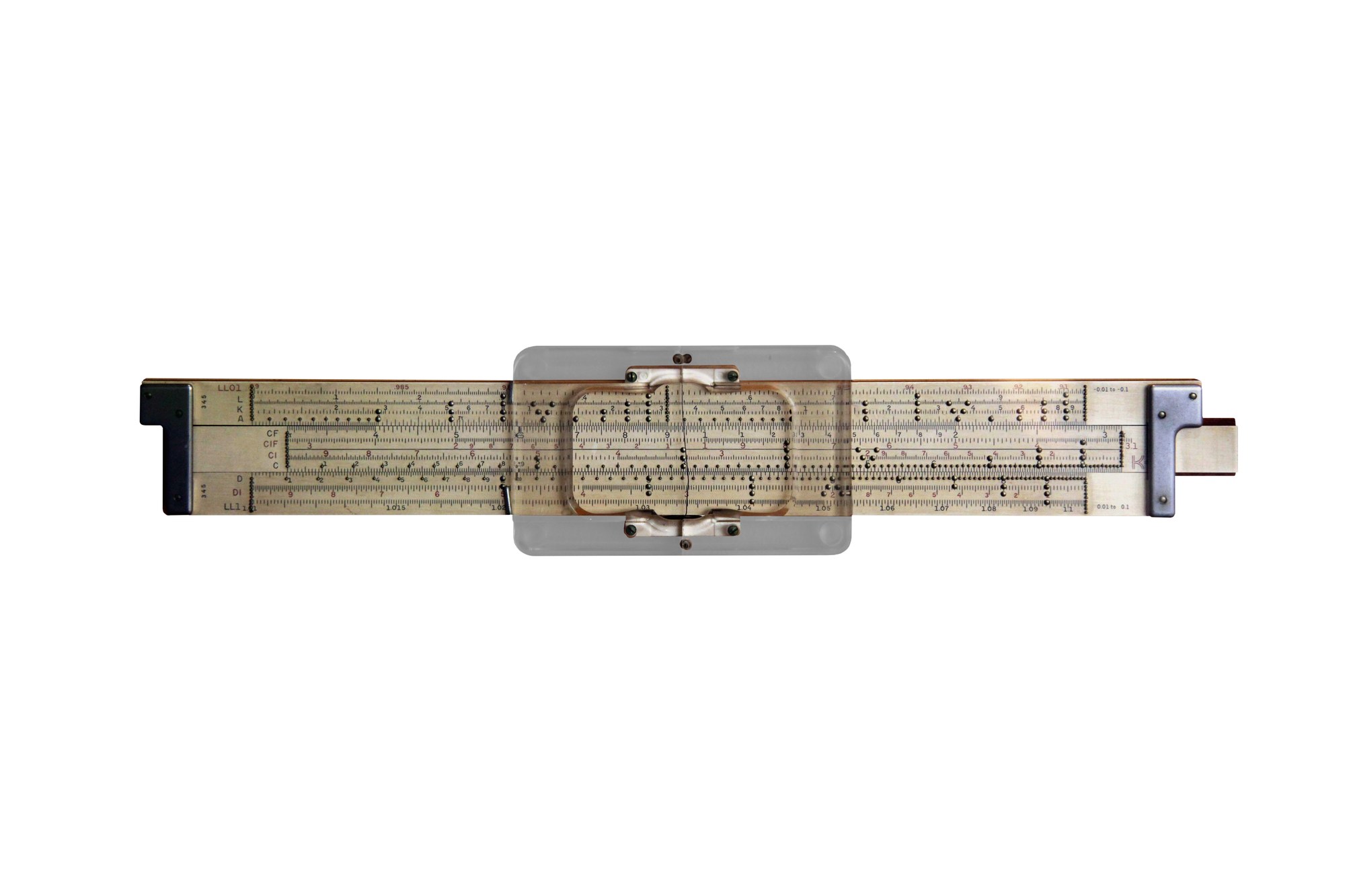 Figure 6 — A K&E 4081-3 adapted for blind users, with raised dots along the scales and an oversized clear cursor with a wire in place of the hairline.