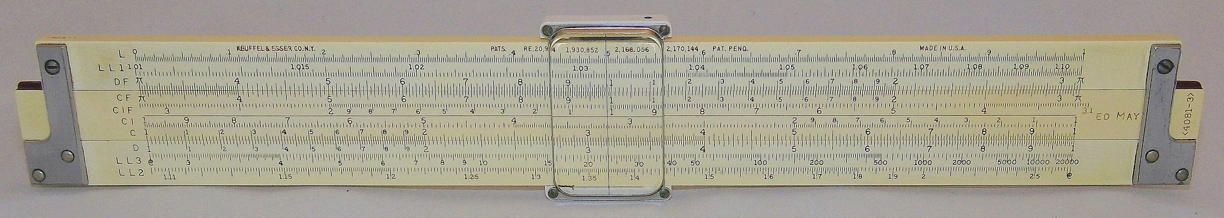 Figure 4 — A K&E 4081-3 of the older layout, front face, showing the L and LL1 scales at the top of the stock above DF, and the yellowed celluloid of an earlier rule.