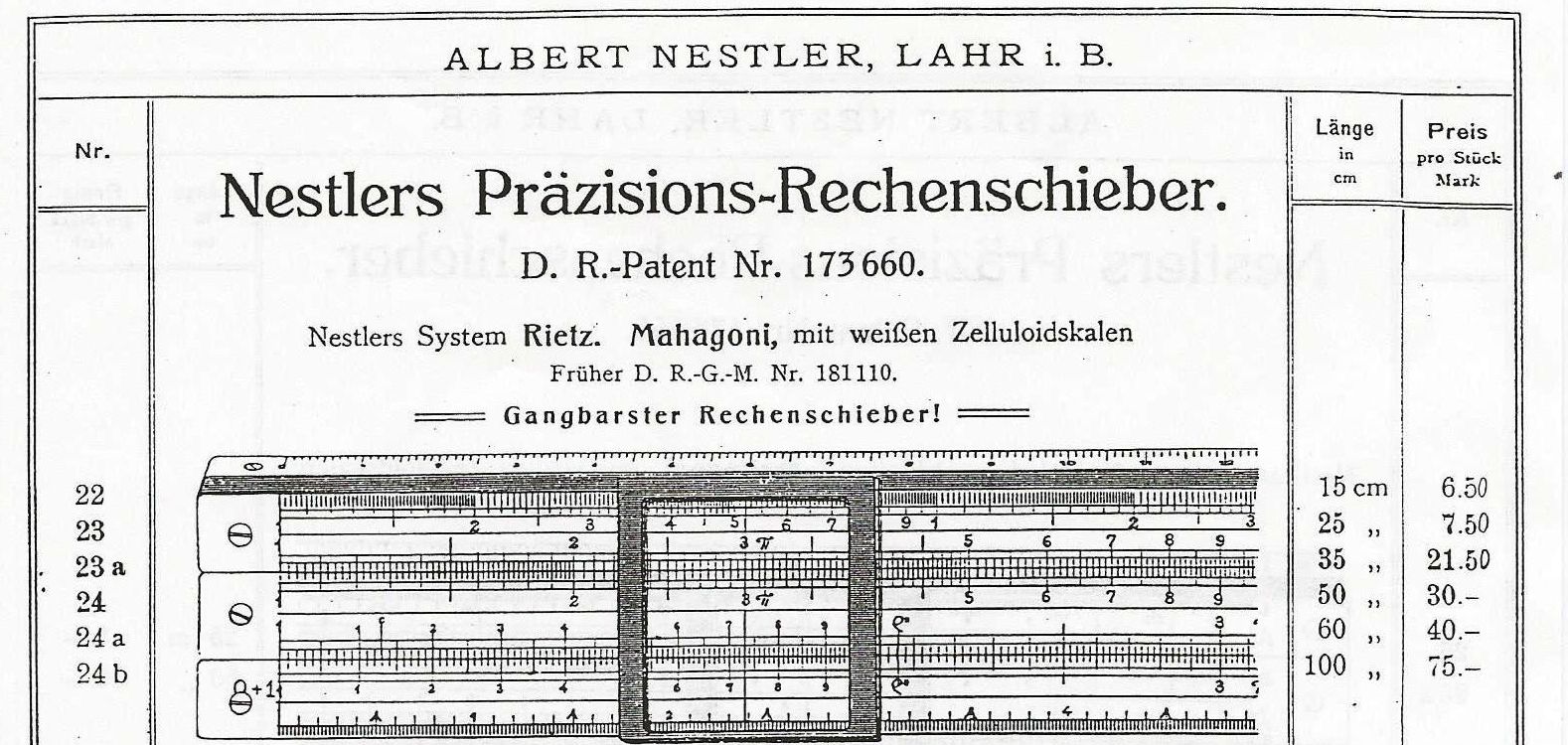 Figure 2 — A page from Nestler's 1911 catalogue: "Nestlers System Rietz. Mahagoni, mit weißen Zelluloidskalen", D.R.-Patent Nr. 173660, numbers 22, 23, 23a, 24, 24a, 24b.