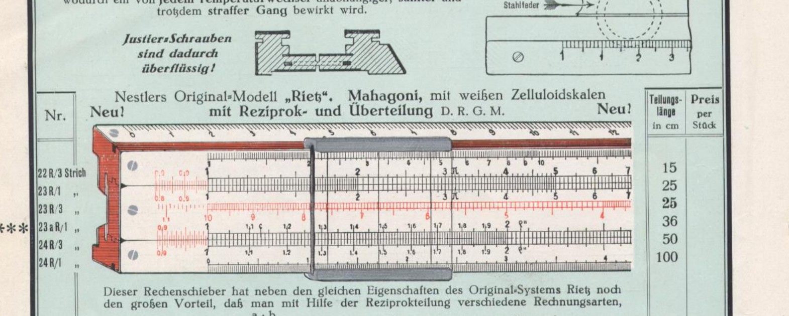 Figure 3 — The 23 R entry in Nestler's pre-war catalogue: "Nestlers Original-Modell 'Rietz'. Mahagoni, mit weißen Zelluloidskalen, mit Reziprok- und Überteilung D.R.G.M. — Neu!", with numbers 22R/3, 23R/1, 23…