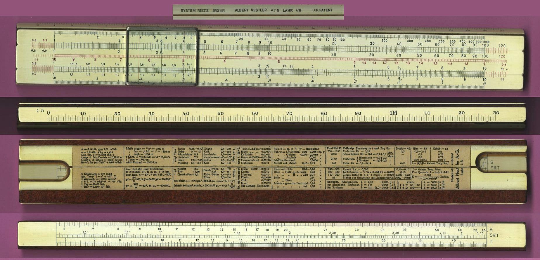 Figure 1 — A Nestler 23 R shown from every side: the stamped groove strip, the front with framed cursor, the bevel with the 1:25 scale, the back with its constants table and end cut-outs, and the reverse of t…