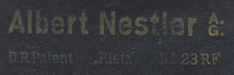 Figure 5 — The lid of a Nestler slide-rule case lettered "Albert Nestler A.G. — D.R.Patent 'Rietz' No 23RF".