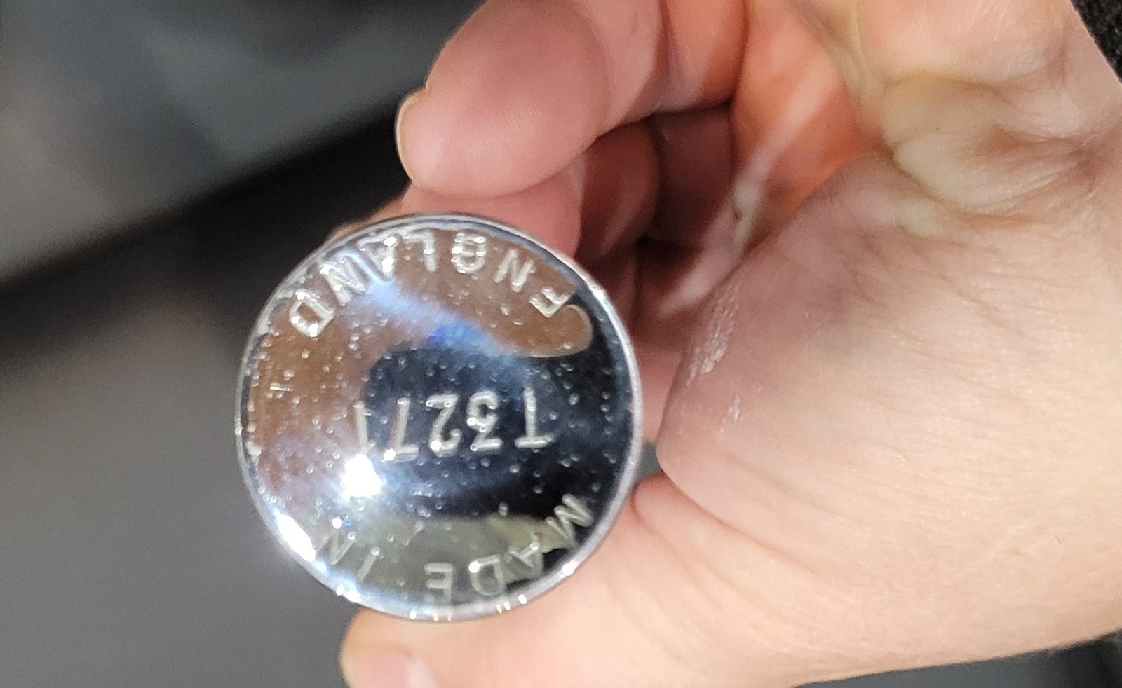 Figure 4 — The chrome end of my Otis King's handle, stamped "MADE IN ENGLAND" round the rim and "T3271" across the centre.