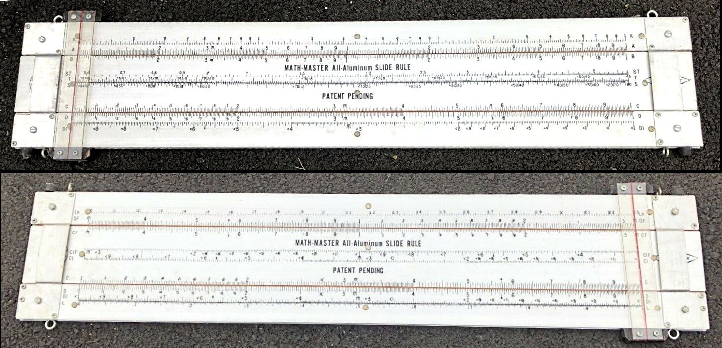Figure 2 — Two views of a four-foot white Math-Master all-aluminium teaching slide rule made by Pickett, with screwed end plates and a clear cursor with a red hairline.