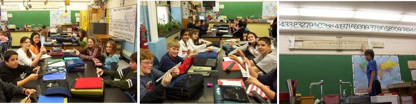 Figure 2 — Three photographs of a classroom: students at their desks holding up slide rules, and a teacher at the front of a room with a long slide rule mounted high above the board.