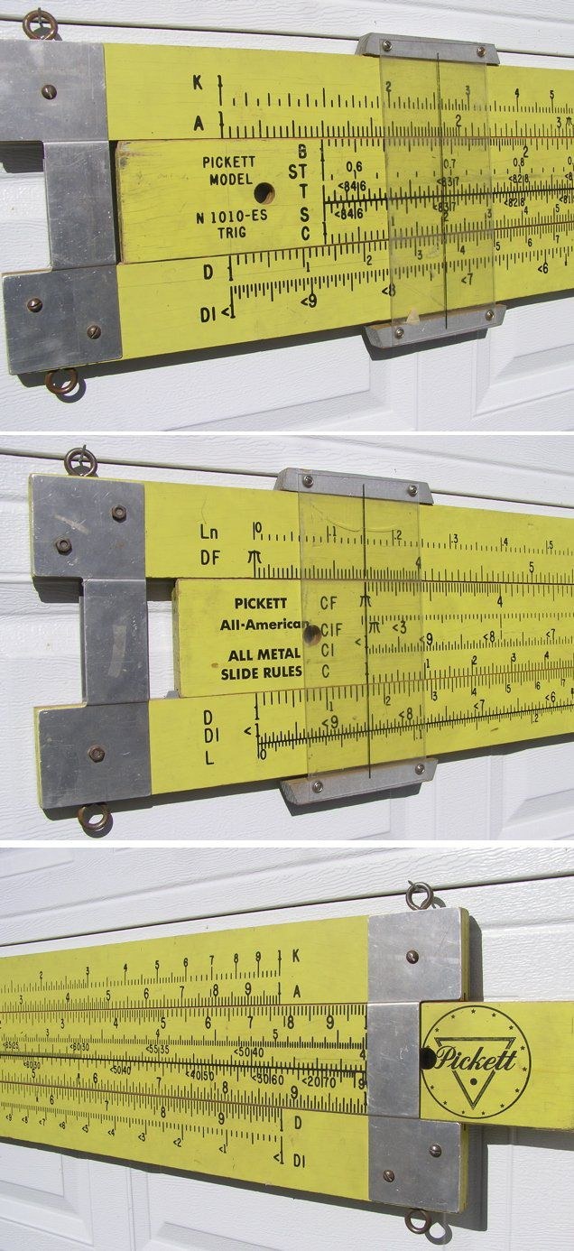 Figure 3 — Three close views of a seven-foot Pickett N1010-ES demonstrator's ends: the left end of the front with "Pickett Model N1010-ES Trig," the aluminium end plates and the cursor; the left end of the ba…