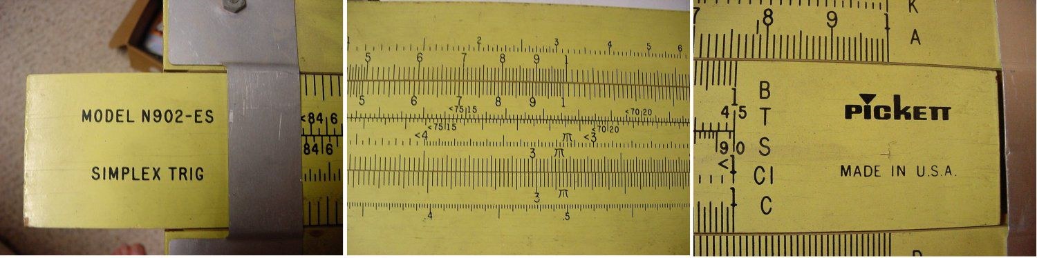 Figure 5 — Three close views of a four-foot Pickett demonstration rule: the slide end lettered "Model N902-ES Simplex Trig," the middle of the scales, and the right end with the Pickett logo and "Made in U.S.A."