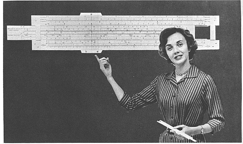 Figure 2 — Pickett's 1960 Teaching Guide illustration: a smiling teacher holding a pointer to a large white demonstration slide rule fixed to the wall, a student slide rule in her other hand.