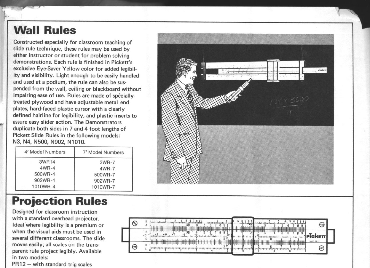 Figure 5 — Pickett's catalogue page for "Wall Rules": text describing the plywood construction, end plates and cursor, the table of 4-ft and 7-ft model numbers, and a drawing of a man with a pointer at a demo…