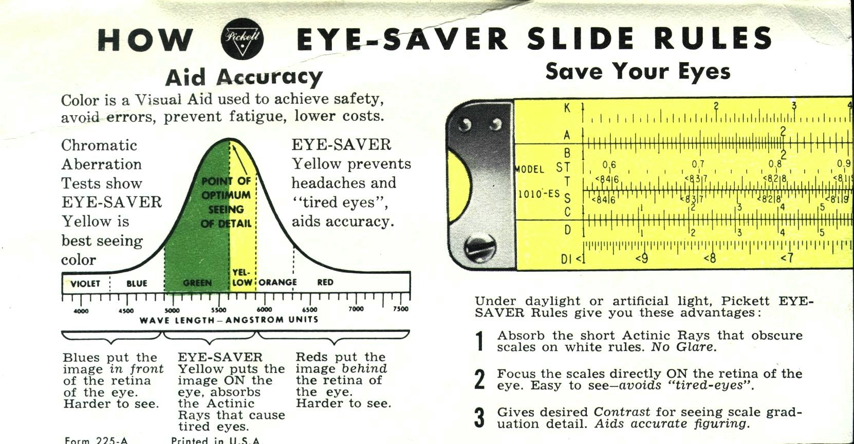 Figure 2 — Pickett leaflet "How Eye-Saver Slide Rules Save Your Eyes", with a spectrum chart placing yellow at the point of optimum seeing and an enlarged section of a yellow Model 1010-ES rule.