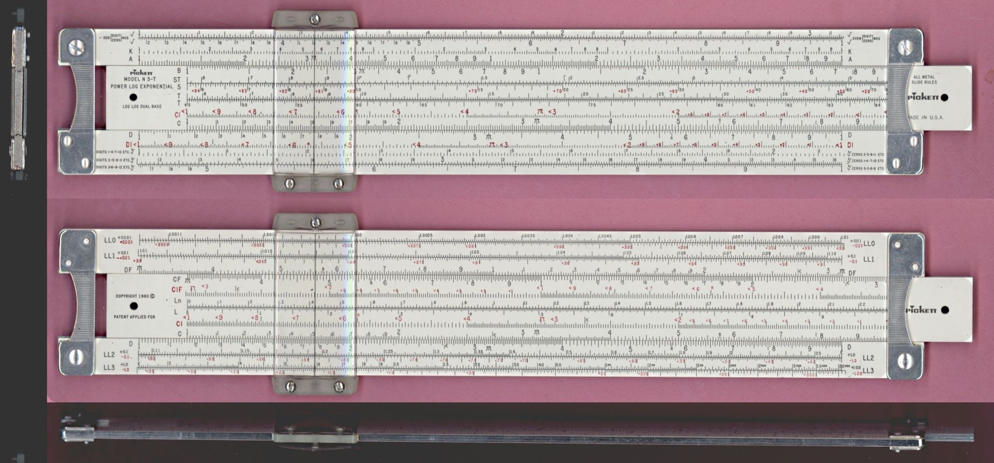 Figure 3 — A white Pickett N3-T Power Log Exponential, front and back, with a modern Pickett logo and curved end braces.