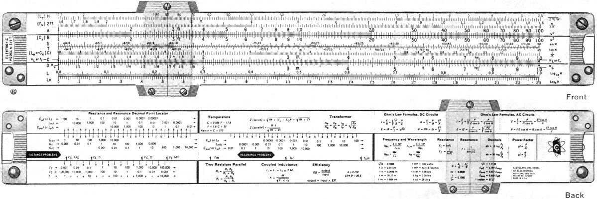 Figure 4 — A line drawing of the front and back of the CIE electronics slide rule, from the 1967 advertisement.