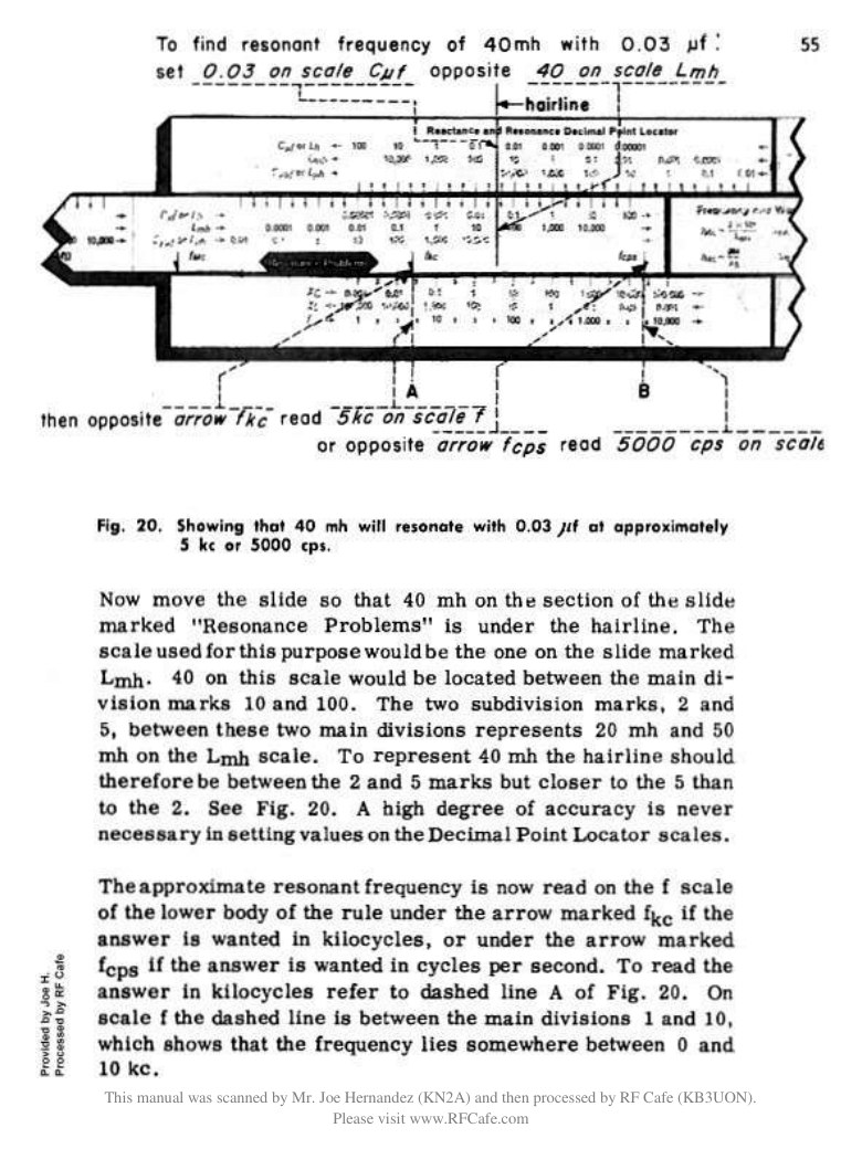 Figure 3 — A page from Part III of the CIE course showing Fig. 20: the decimal point locator set to find the resonant frequency of 40 mH with 0.03 µF, with dashed lines showing the readings 5 kc and 5000 cps.