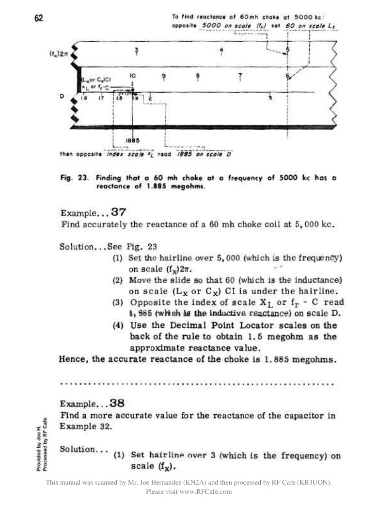 Figure 2 — A page from Part III of the CIE course showing Fig. 23, finding that a 60 mH choke at 5000 kc has a reactance of 1.885 megohms, using the 2π, CI and D scales.