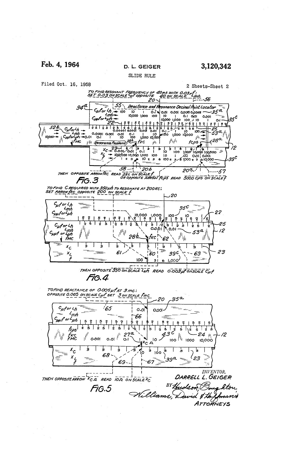 Figure 3 — Sheet 2 of US Patent 3,120,342, showing three worked settings of the decimal point locator: a resonance problem, a capacitance-for-resonance problem and a capacitive-reactance problem.